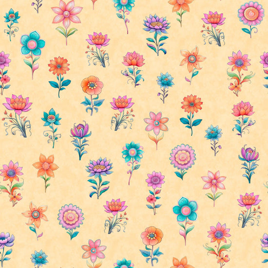 Image of the Spring Bling Stemmed Flowers Peach quilting cotton fabric. Features mushrooms on a peach background. Cute Little Fabric Shop