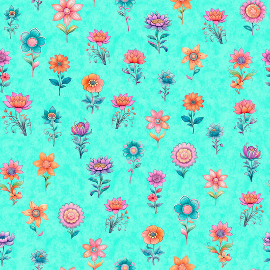 Image of the Spring Bling Stemmed Flowers Aqua quilting cotton fabric. Features mushrooms on a blue background. Cute Little Fabric Shop