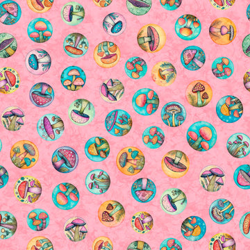 Image of the Spring Bling Mushroom Medallions Pink quilting cotton fabric. Features mushrooms on a pink background. Cute Little Fabric Shop