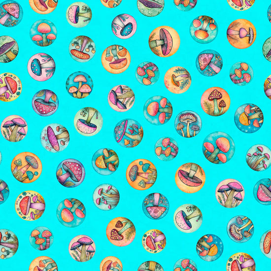 Image of the Spring Bling Mushroom Medallions Turquoise quilting cotton fabric. Features mushrooms on a blue background. Cute Little Fabric Shop
