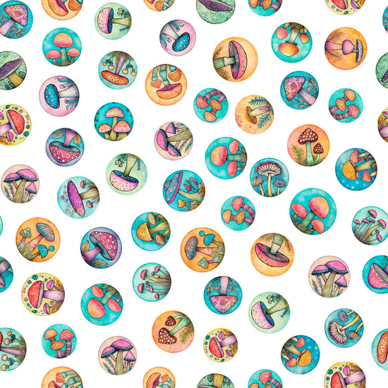 Image of the Spring Bling Mushroom Medallions White quilting cotton fabric. Features mushrooms on a white background. Cute Little Fabric Shop