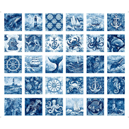 Image of the Ocean Blues Nautical Motif Patches panel by QT fabrics. Features blue ocean themed pictures. 
Cute Little Fabric Shop