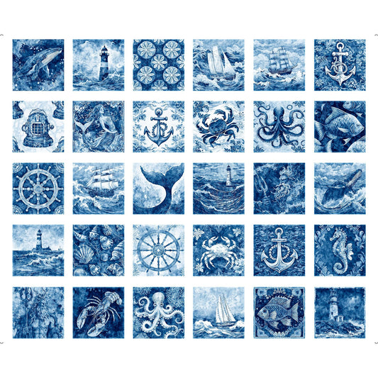 Image of the Ocean Blues Nautical Motif Patches panel by QT fabrics. Features blue ocean themed pictures. 
Cute Little Fabric Shop