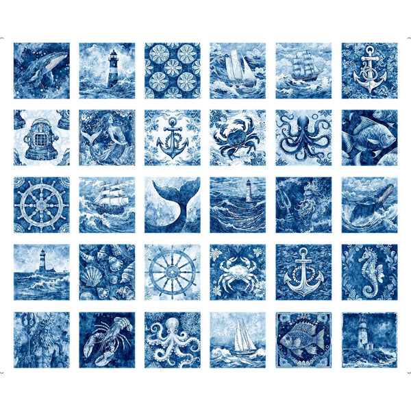Image of the Ocean Blues Nautical Motif Patches panel by QT fabrics. Features blue ocean themed pictures. 
Cute Little Fabric Shop