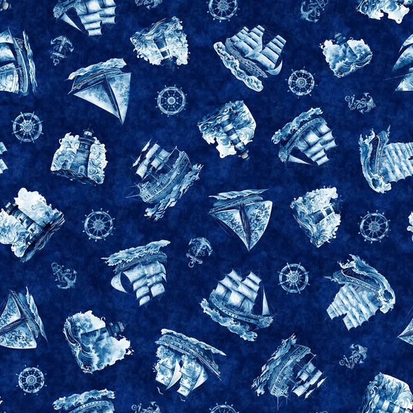Image of the Ocean Blues Ship Toss Navy quilting cotton fabric by Morris Creative Group for Riley Blake Designs. Features boats on a blue background. Cute Little Fabric Shop