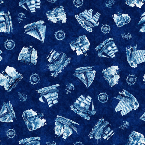 Image of the Ocean Blues Ship Toss Navy quilting cotton fabric by Morris Creative Group for Riley Blake Designs. Features boats on a blue background. Cute Little Fabric Shop
