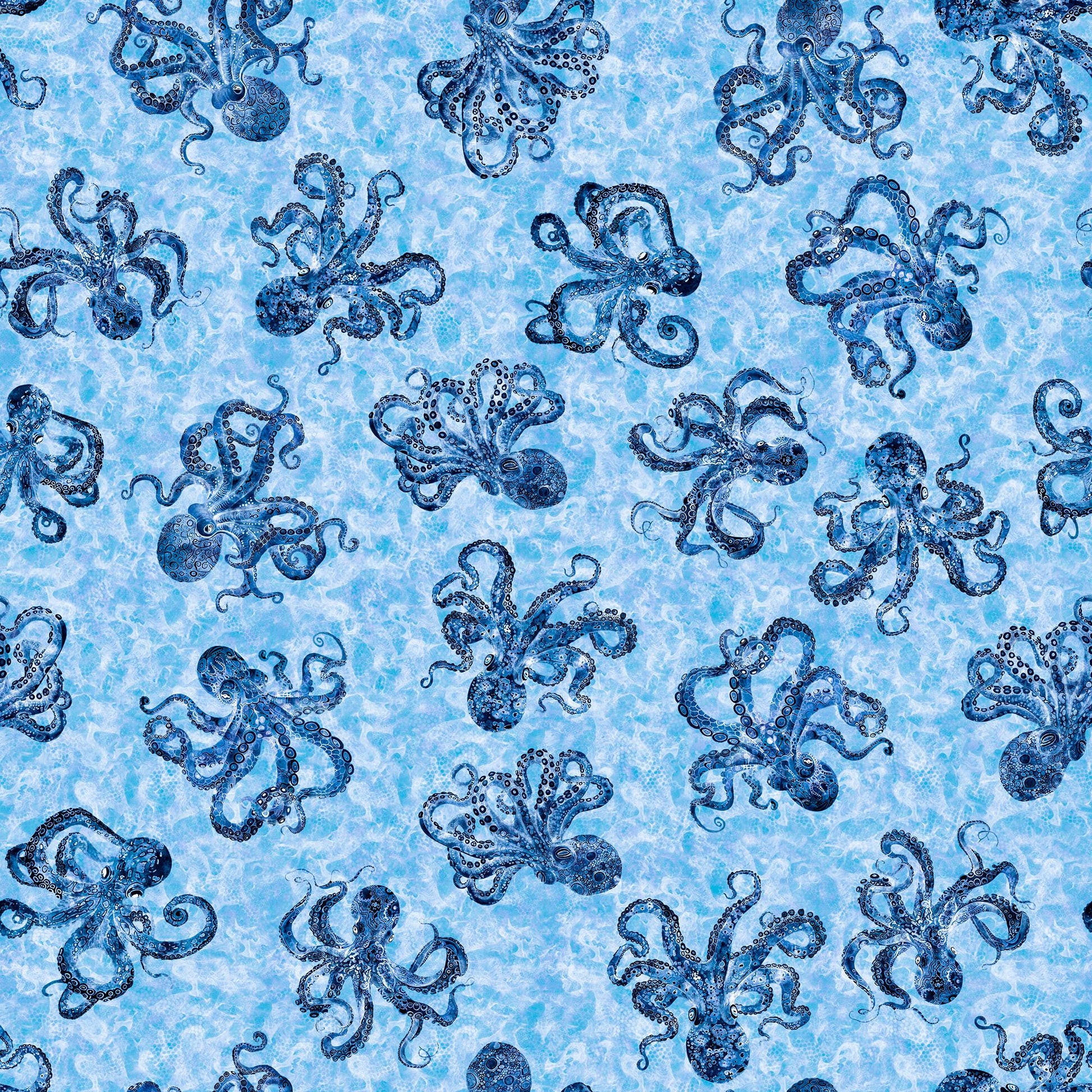 Image of the Ocean Blues Octopus Blue quilting cotton fabric by Morris Creative Group for Riley Blake Designs. Features octopi on a blue background. Cute Little Fabric Shop