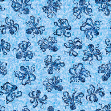 Image of the Ocean Blues Octopus Blue quilting cotton fabric by Morris Creative Group for Riley Blake Designs. Features octopi on a blue background. Cute Little Fabric Shop