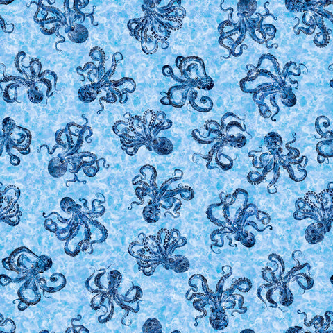 Image of the Ocean Blues Octopus Blue quilting cotton fabric by Morris Creative Group for Riley Blake Designs. Features octopi on a blue background. Cute Little Fabric Shop