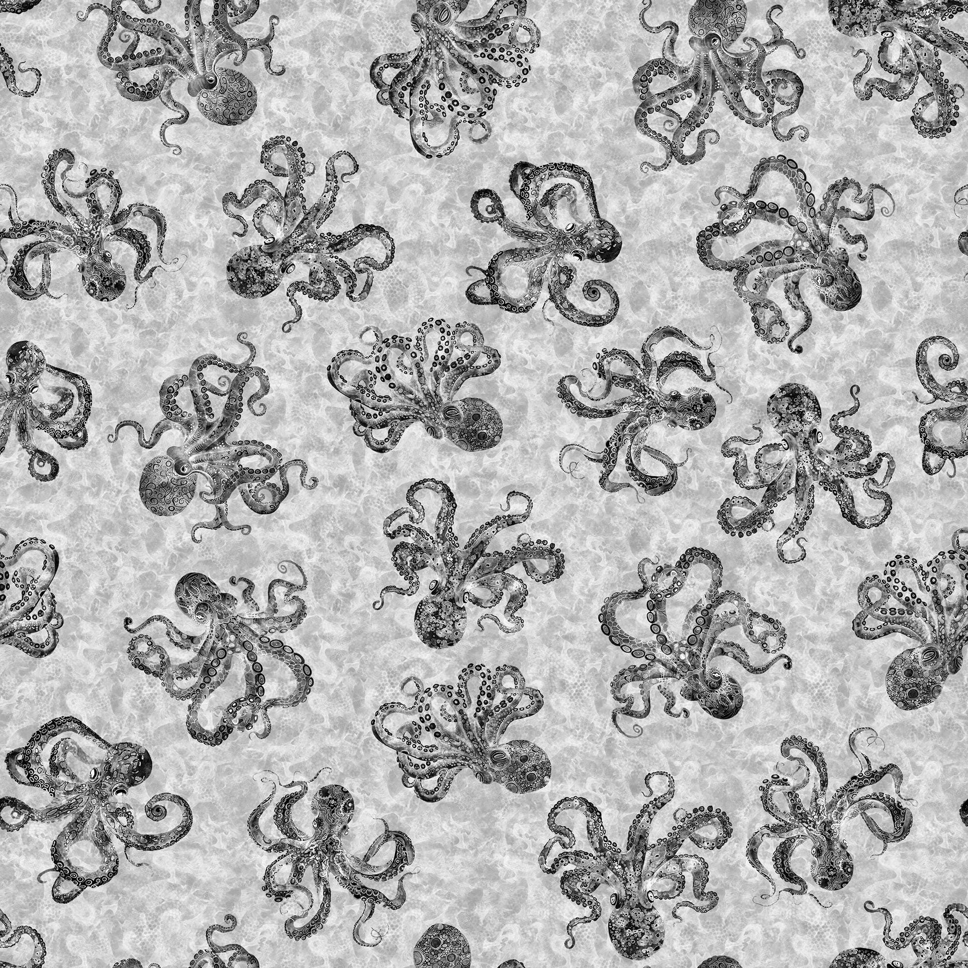 Image of the Ocean Blues Octopus Gray quilting cotton fabric by Morris Creative Group for Riley Blake Designs. Features octopi on a gray background. Cute Little Fabric Shop
