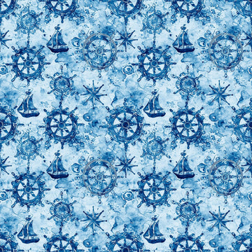 Image of the Ocean Blues Ship Wheels Blue quilting cotton fabric by Morris Creative Group for Riley Blake Designs. Features wheels on a blue background. Cute Little Fabric Shop