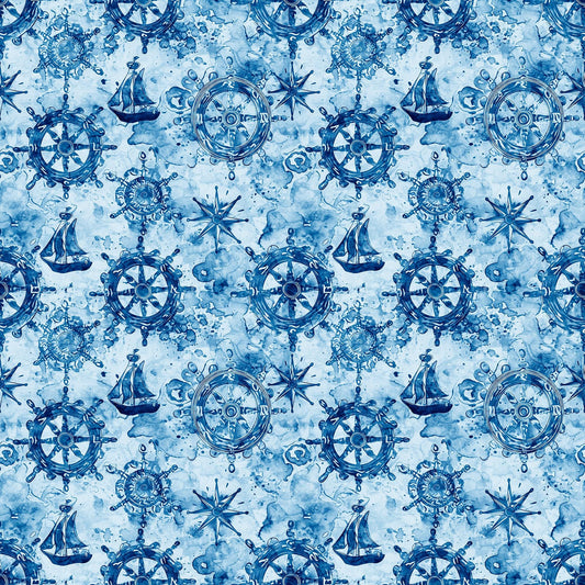 Image of the Ocean Blues Ship Wheels Blue quilting cotton fabric by Morris Creative Group for Riley Blake Designs. Features wheels on a blue background. Cute Little Fabric Shop