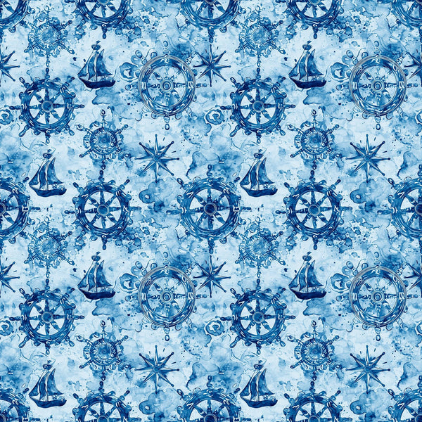 Image of the Ocean Blues Ship Wheels Blue quilting cotton fabric by Morris Creative Group for Riley Blake Designs. Features wheels on a blue background. Cute Little Fabric Shop
