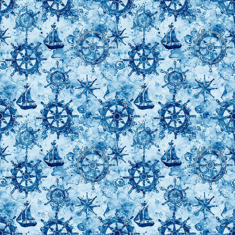 Image of the Ocean Blues Ship Wheels Blue quilting cotton fabric by Morris Creative Group for Riley Blake Designs. Features wheels on a blue background. Cute Little Fabric Shop