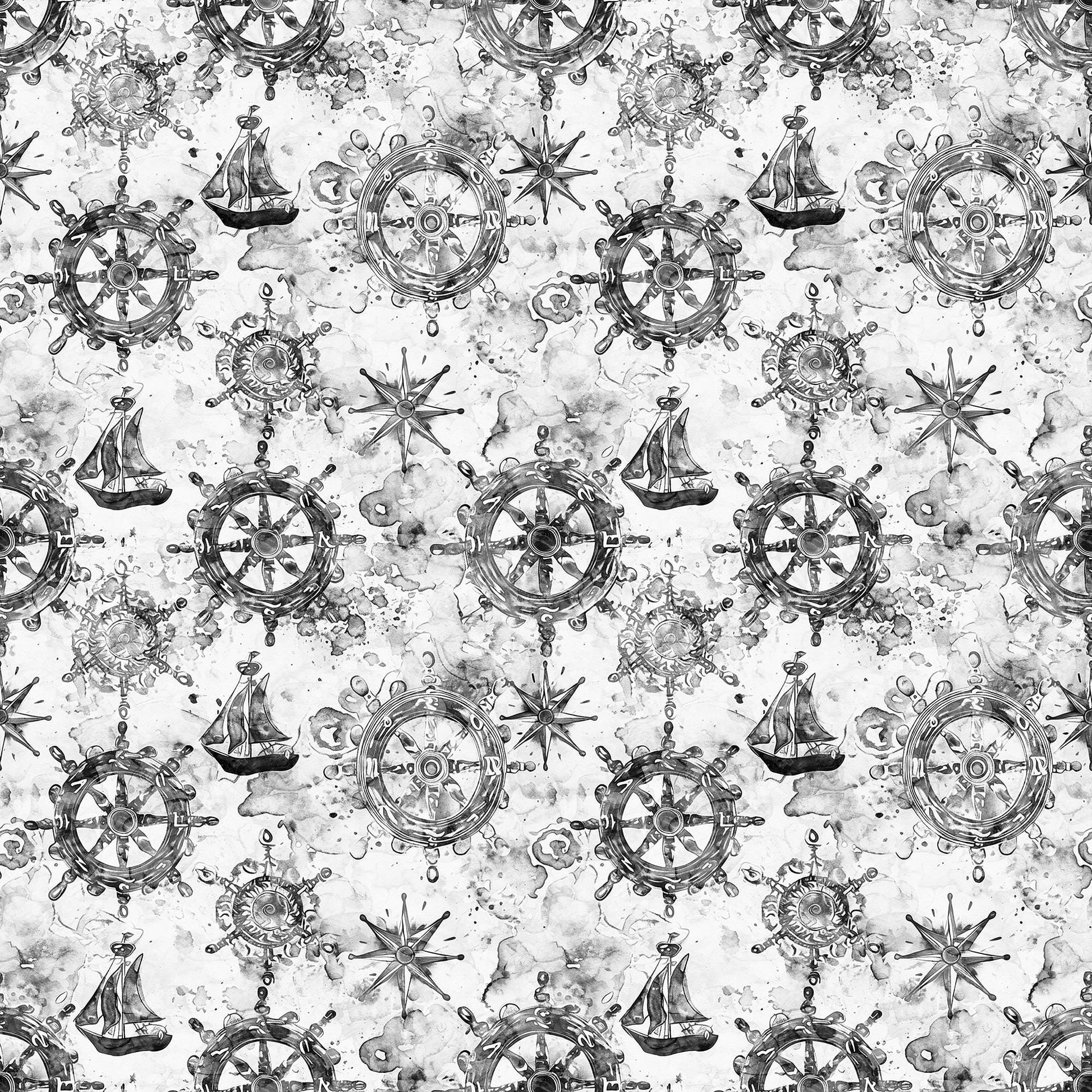 Image of the Ocean Blues Ship Wheels Gray quilting cotton fabric by Morris Creative Group for Riley Blake Designs. Features wheels on a gray background. Cute Little Fabric Shop