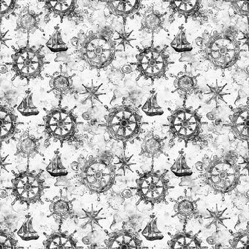 Image of the Ocean Blues Ship Wheels Gray quilting cotton fabric by Morris Creative Group for Riley Blake Designs. Features wheels on a gray background. Cute Little Fabric Shop