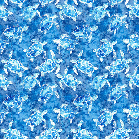 Image of the Ocean Blues Sea Turtles Blue quilting cotton fabric by Morris Creative Group for Riley Blake Designs. Features turtles on a blue background. Cute Little Fabric Shop