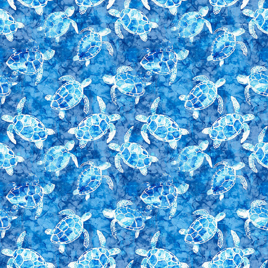 Image of the Ocean Blues Sea Turtles Blue quilting cotton fabric by Morris Creative Group for Riley Blake Designs. Features turtles on a blue background. Cute Little Fabric Shop