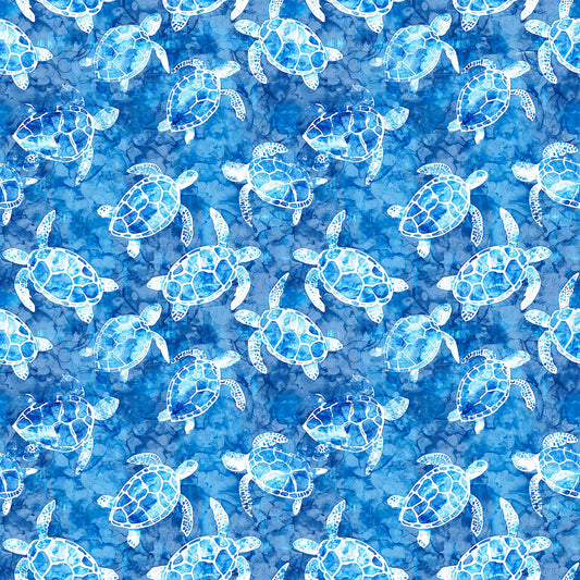 Image of the Ocean Blues Sea Turtles Blue quilting cotton fabric by Morris Creative Group for Riley Blake Designs. Features turtles on a blue background. Cute Little Fabric Shop