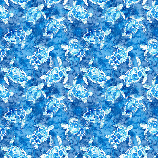 Image of the Ocean Blues Sea Turtles Blue quilting cotton fabric by Morris Creative Group for Riley Blake Designs. Features turtles on a blue background. Cute Little Fabric Shop