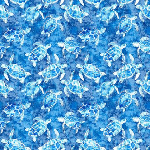 Image of the Ocean Blues Sea Turtles Blue quilting cotton fabric by Morris Creative Group for Riley Blake Designs. Features turtles on a blue background. Cute Little Fabric Shop
