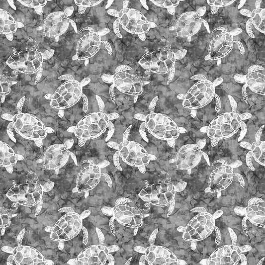 Image of the Ocean Blues Sea Turtles Charcoal quilting cotton fabric by Morris Creative Group for Riley Blake Designs. Features turtles on a gray background. Cute Little Fabric Shop