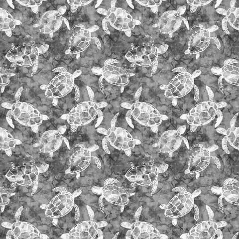 Image of the Ocean Blues Sea Turtles Charcoal quilting cotton fabric by Morris Creative Group for Riley Blake Designs. Features turtles on a gray background. Cute Little Fabric Shop