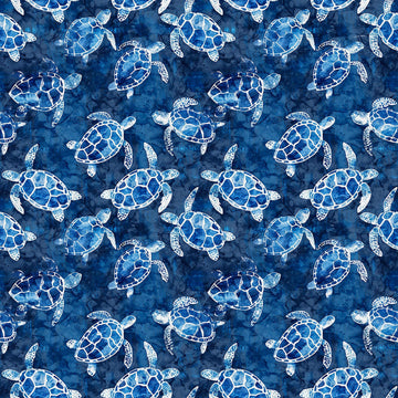 Image of the Ocean Blues Sea Turtles Navy quilting cotton fabric by Morris Creative Group for Riley Blake Designs. Features turtles on a blue background. Cute Little Fabric Shop