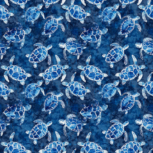 Image of the Ocean Blues Sea Turtles Navy quilting cotton fabric by Morris Creative Group for Riley Blake Designs. Features turtles on a blue background. Cute Little Fabric Shop