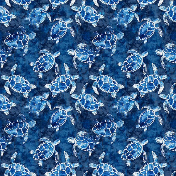 Image of the Ocean Blues Sea Turtles Navy quilting cotton fabric by Morris Creative Group for Riley Blake Designs. Features turtles on a blue background. Cute Little Fabric Shop