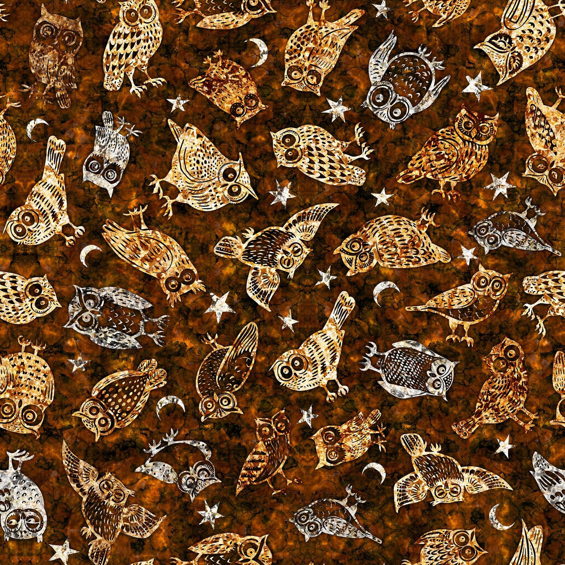 Image of the Wild Woods Owls Brown quilting cotton fabric by Morris Creative Group for QT Fabrics. Features owls on a brown background. Cute Little Fabric Shop