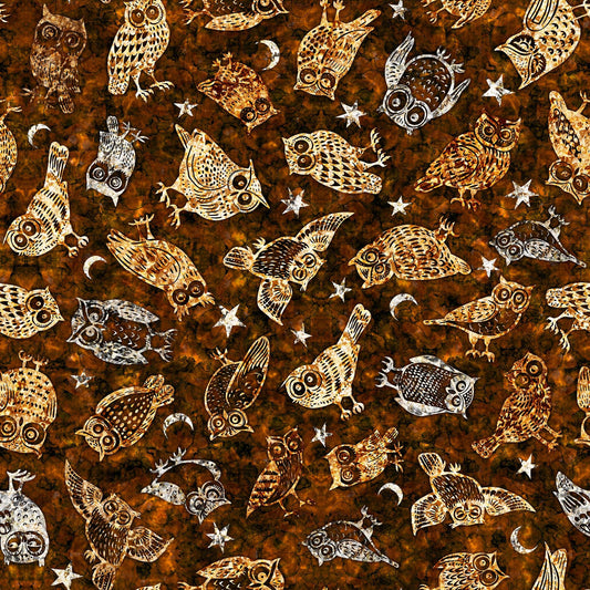 Image of the Wild Woods Owls Brown quilting cotton fabric by Morris Creative Group for QT Fabrics. Features owls on a brown background. Cute Little Fabric Shop