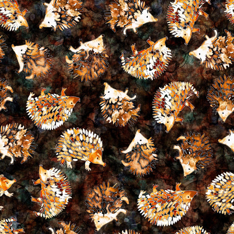 Image of the Wild Woods Hedgehogs Bark quilting cotton fabric by Morris Creative Group for QT Fabrics. Features hedgehogs on a brown background. Cute Little Fabric Shop