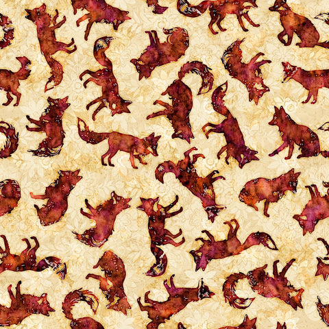 Image of the Wild Woods Foxes Corn quilting cotton fabric by Morris Creative Group for QT Fabrics. Features foxes on a tan background. Cute Little Fabric Shop