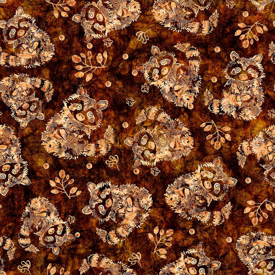 Image of the Wild Woods Raccoons Brown quilting cotton fabric by Morris Creative Group for QT Fabrics. Features raccoons on a brown background. Cute Little Fabric Shop