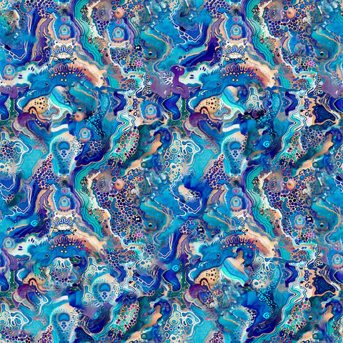 Image of the Wild Woods Abstract Blue quilting cotton fabric by Morris Creative Group for QT Fabrics. Features swirl on a blue background. Cute Little Fabric Shop