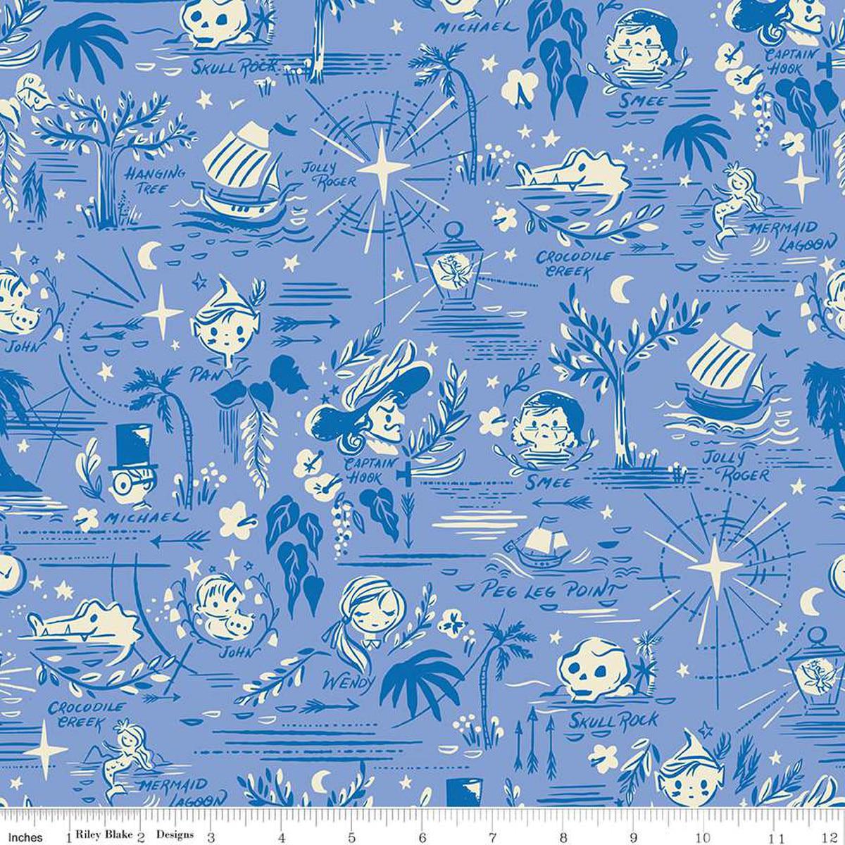 Image of the Forever Neverland Neverland Map Periwinkle quilting cotton fabric by Jill Howarth for Riley Blake Designs. Features characters on a purple background. Cute Little Fabric Shop