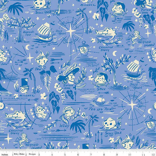 Image of the Forever Neverland Neverland Map Periwinkle quilting cotton fabric by Jill Howarth for Riley Blake Designs. Features characters on a purple background. Cute Little Fabric Shop