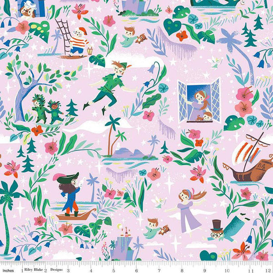Image of the Forever Neverland Main Princess quilting cotton fabric by Jill Howarth for Riley Blake Designs. Features characters on a pink background. Cute Little Fabric Shop
