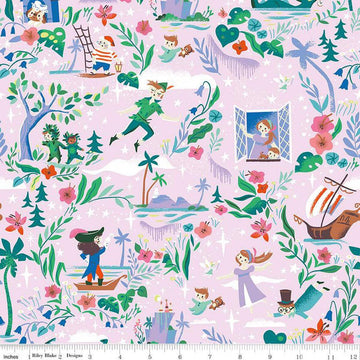 Image of the Forever Neverland Main Princess quilting cotton fabric by Jill Howarth for Riley Blake Designs. Features characters on a pink background. Cute Little Fabric Shop