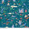 Image of the Forever Neverland Main Night quilting cotton fabric by Jill Howarth for Riley Blake Designs. Features characters on a blue background. Cute Little Fabric Shop