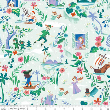 Image of the Forever Neverland Main Mist quilting cotton fabric by Jill Howarth for Riley Blake Designs. Features characters on a green background. Cute Little Fabric Shop