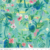 Image of the Forever Neverland Tropical Floral Songbird quilting cotton fabric by Jill Howarth for Riley Blake Designs. Features flowers on a green background. Cute Little Fabric Shop