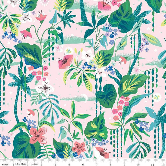 Image of the Forever Neverland Tropical Floral Pink quilting cotton fabric by Jill Howarth for Riley Blake Designs. Features flowers on a pink background. Cute Little Fabric Shop
