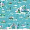 Image of the Forever Neverland Mermaid Lagoon Peacock quilting cotton fabric by Jill Howarth for Riley Blake Designs. Features islands on a teal background. Cute Little Fabric Shop