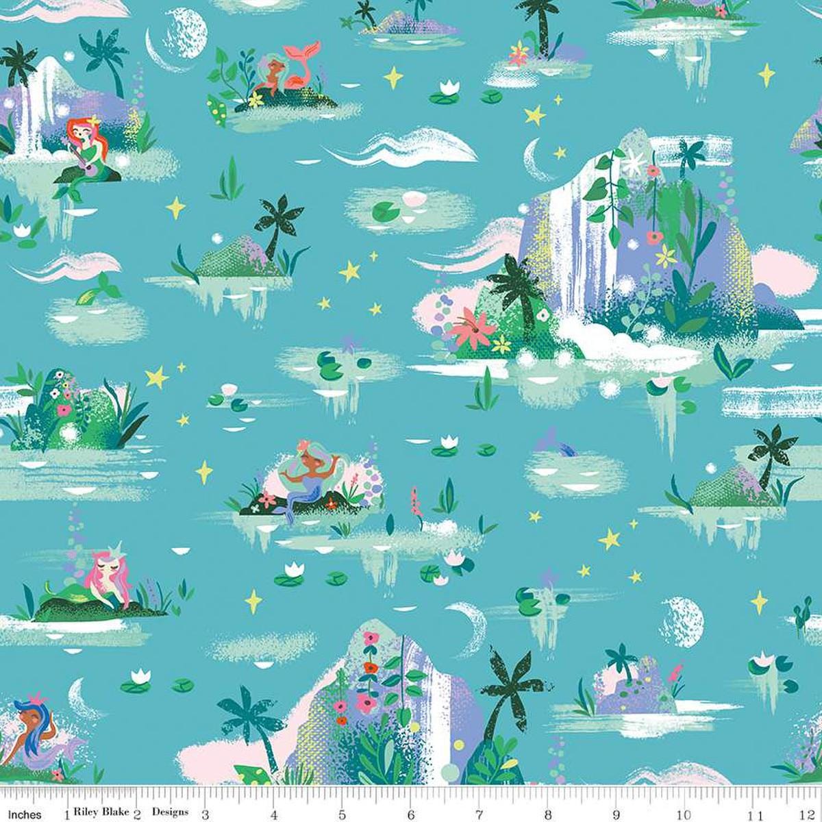 Image of the Forever Neverland Mermaid Lagoon Peacock quilting cotton fabric by Jill Howarth for Riley Blake Designs. Features islands on a teal background. Cute Little Fabric Shop