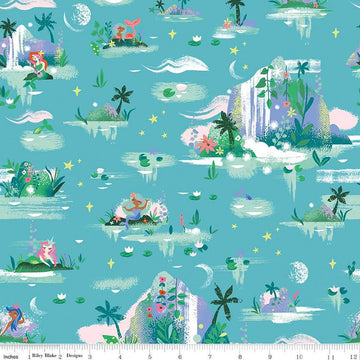 Image of the Forever Neverland Mermaid Lagoon Peacock quilting cotton fabric by Jill Howarth for Riley Blake Designs. Features islands on a teal background. Cute Little Fabric Shop