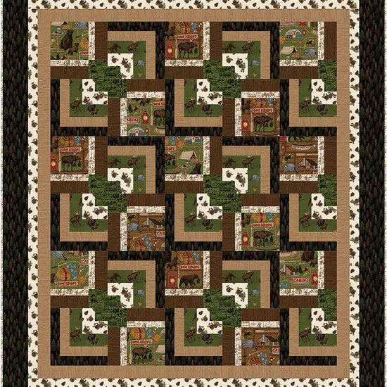 Image of the Cabin in the Pines quilt pattern by Pine Tree Country Quilts for Riley Blake Designs. Features a striped brown quilt. Cute Little Fabric Shop