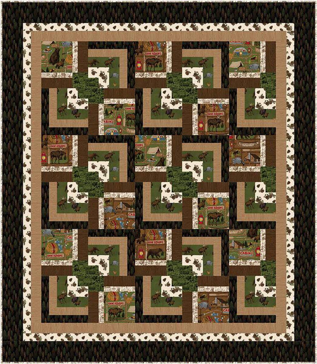 Image of the Cabin in the Pines quilt pattern by Pine Tree Country Quilts for Riley Blake Designs. Features a striped brown quilt. Cute Little Fabric Shop
