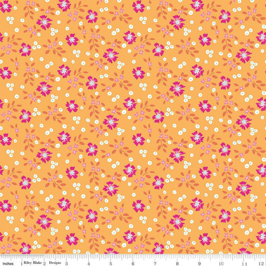 Image of the Vibrance Abloom Marmalade quilting cotton fabric by Leslie Ryan for Riley Blake Designs. Features flowers on an orange background. Cute Little Fabric Shop